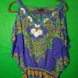 Hale Bob Womens Small Cold Shoulder Blouse Silk Boho Festival Green Blue